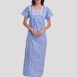CIERGE Women Blue & Wwhite Floral Printed Pure Cotton Nightdress-image-50