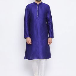NAMASKAR Men Blue & Off-White Solid Kurta with Churidar-image-73