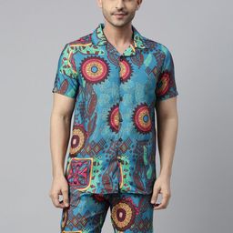 Bushirt Men Blue & Brown Kalamkari Printed Night suit-image-13