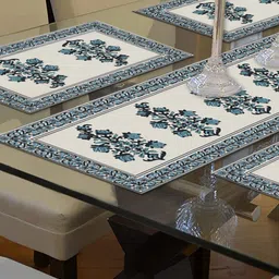 Kuber Industries Set of 7 Blue & Off White Printed Table Runner & Placemats-54