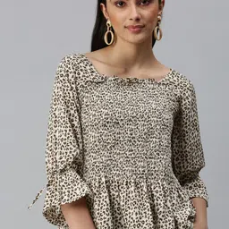 SHOWOFF Women Beige Animal Print Crepe Peplum Top-image-37