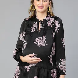 Oxolloxo Floral Print Tie-Up Neck Puff Sleeve Satin Peplum Maternity Top-picture-19