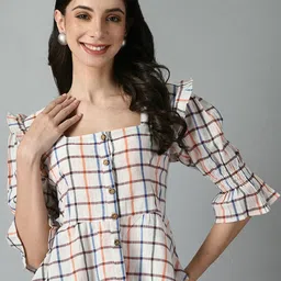 DOISA Checked Square Neck Puff Sleeves Pleated Detailed Peplum Top-image-11