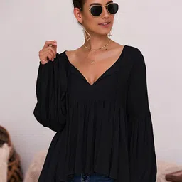 StyleCast Black V-Neck Puff Sleeves Gathered Detail Empire Top-picture-6