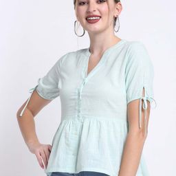 FAABRIQ Mandarin Collar Gathered Detail Pure Cotton A-Line Top-image-74