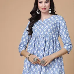 SEVEN FLOWER  Round Neck Floral Print Ethnic Cotton Peplum Top-image-53