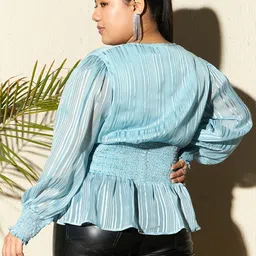 CURVE BY KASSUALLY Plus Size Self Designed Cuffed Sleeves Smocked Georgette Peplum Top image 2