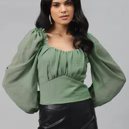 plusS Alluring Green Solid Smocked Top-picture-42