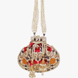 Anekaant Cream-Coloured & Red Embroidered Tasselled Potli Clutch-16