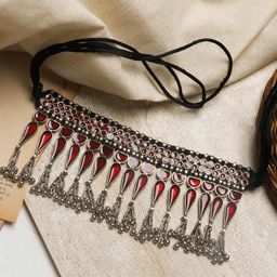 TEEJH Woman Silver-Toned & Red Silver-Plated Oxidised Necklace-image-26