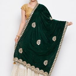 Clora Creation Green & Gold-Toned Ethnic Motifs Embroidered Velvet Dupatta with Gotta Patti-27