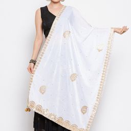 Clora Creation Women White & Gold-Toned Embroidered Velvet Dupatta with Gotta Patti-36