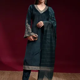 Vishudh Women Ethnic Motifs Yoke Design Regular Thread Work Velvet Kurta with Trousers & With Dupatta-7