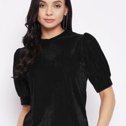 Uptownie Stretchable Velvet High Neck Puff Sleeve Top-image-44