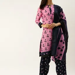 Rajnandini Pink & Navy Blue Cotton Blend Floral Printed Unstitched Dress Material-image-4