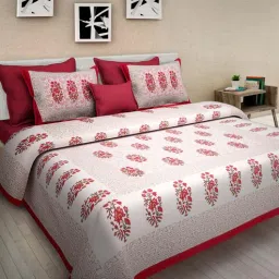 uniqchoice Red Floral 120 TC Cotton Queen Sized Bedsheet with 2 Pillow Cover-picture-9