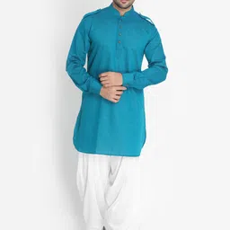 VASTRAMAY Men Turquoise Blue Solid Pathani Kurta With Patiala-image-58