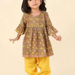 Fabindia Infant Girls Floral Printed Bell Sleeves Pure Cotton A-Line Kurta with Salwar-picture-16