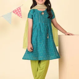 Fabindia Girls Ethnic Motifs Printed Cotton Silk A-Line Kurta with Salwar & Dupatta-picture-57