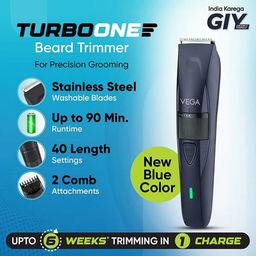 VEGA TurboOne Rechargeable Cord and Cordless Dry Trimmer for Beard with 40 Length Settings for Men (90mins Runtime, Ergonomically designed, Blue) image 2