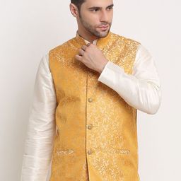KRAFT INDIA Men Beige Jacquard Woven Design Nehru Jacket-31