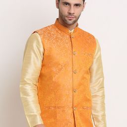 KRAFT INDIA Men Peach Woven Design Nehru Jacket-13
