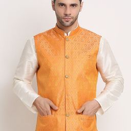 KRAFT INDIA Men Yellow Woven Design Jacquard Nehru Jacket-3