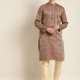 SOJANYA Men Peach-Coloured & Golden Ethnic Motifs Kurta-11
