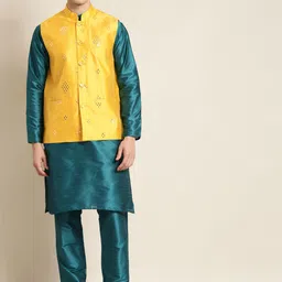 SOJANYA Men Teal Green & Yellow Kurta with Churidar & Nehru Jacket-picture-11
