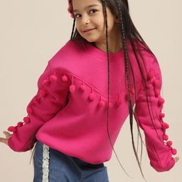 Sangria Girls Pink Solid Round Neck Sweatshirt With Pom-Pom Detail-image-69