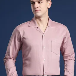 Hancock Men Self Design Cotton Stretch Cuban Collar Relaxed Fit Formal Shirt-image-69