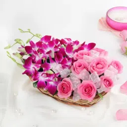 Gorgeous Purple Orchids & Pink Roses in Basket Arrangement-image-21