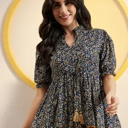 Azira Floral Print Mandarin Collar Puff Sleeve Cotton Peplum Top-image-51