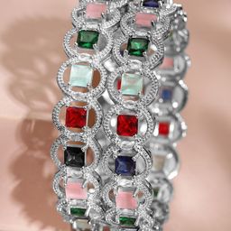 Rubans Rhodium-Plated Multicolor Cubic Zirconia Studded Premium Bangles-image-11