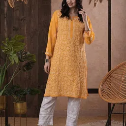 ADA Plus Size Women Mustard Yellow & White Chikankari Hand Embroidered Straight Handloom Kurta-picture-56