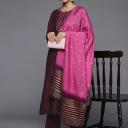 Varanga Women Burgundy Floral Embroidered Sequinned Kurta with Trousers & Dupatta-picture-21