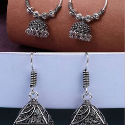 NVR Women Set of 2 German silver Oxidised Silver Plated Circle Shaped Jhumka Earrings-5