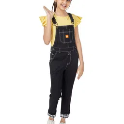 Olele Girls Cotton Twill Slim Fit Dungaree With Contrast Hemfold-image-39