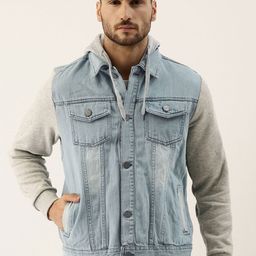 Campus Sutra Men Blue & Grey Melange Washed Hooded Denim Jacket-46