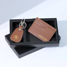 Leather Card Case And Keychain Set - Personalized - Dark Tan-image-44