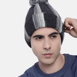 Magic Needles Women Vertical Striped Knitted Beanie with Pompom-image-73