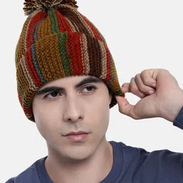 Magic Needles Women Vertical Striped Knitted Beanie with Pompom-image-69