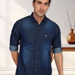 Kuons Avenue Smart Slim Fit Faded Spread Collar Pocket Denim Casual Shirt-image-35