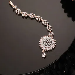 Saraf RS Jewellery Rose Gold-Plated White Cubic Zirconia & American Diamond-Studded Handcrafted Maang Tikka-27