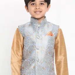 VASTRAMAY Boys Grey & Gold-Coloured Banarasi Brocade Woven Slim-Fit Nehru Jackets-54