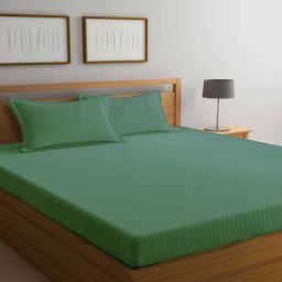 arrabi Green Striped 300 TC Cotton Blend Double Queen Bedsheet With 2 Pillow Covers-picture-35