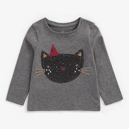 mothercare Girls Grey Cat Sequined Pure Cotton T-shirt-image-105