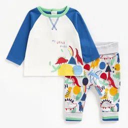 mothercare Infant Boys White & Grey Dinosaur Printed Pure Cotton T-shirt with Pyjamas-image-10