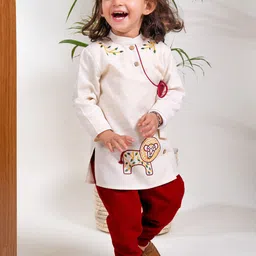 Tiber Taber Boys Animal Embroidered Angrakha Thread Work Pure Cotton Kurta with Pyjamas-50