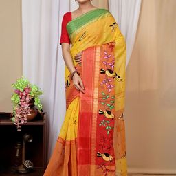 PuJoy Woven Design Pure Cotton Handloom Taant Saree-image-99